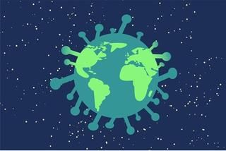 Coronavirus mit eingezeichneter Weltkugel, die im Weltall schwebt