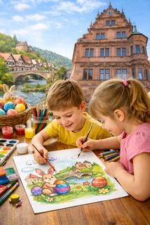 Kinder gestalten ein Osterbild. Ein Junge und ein Mädchen am Malen.