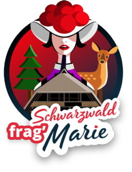 Logo der App frag Schwarzwaldmarie, eine Zeichnung, ein Mädchen mit rotem Bollenhut, eine Tanne, ein Reh und ein Schwarzwaldbauernhof 