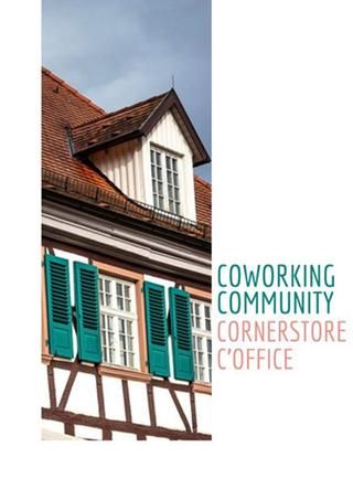 Collage Fachwerkhaus und Schrift Coworking, Community, Cornerstore, C'Office