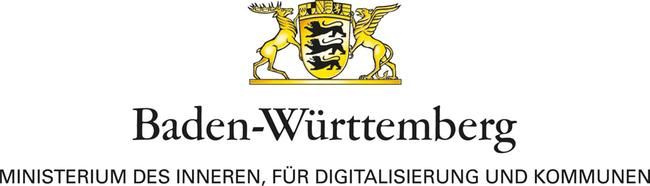 Das Logo des Landes Baden-Württemberg. Im goldenen Schild sind 3 schreitende schwarze Löwen. Der goldene Schild wird von Hirsch und Greif, gestützt.