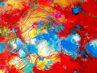 Das Werk "Gemälde" ist Teil der Ausstellung ein abstraktes Gemälde in Rot, Geld, Blau und Weiß