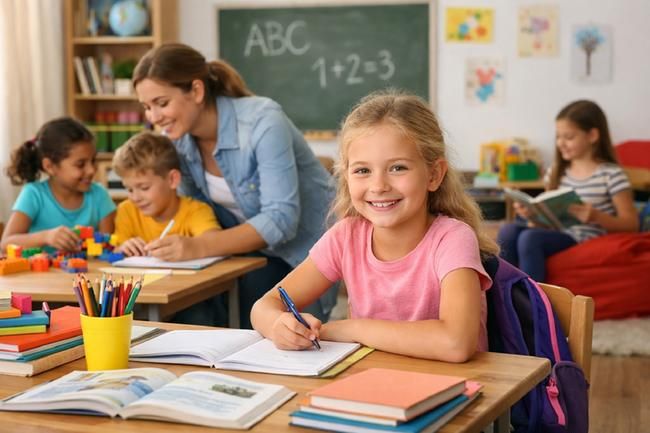 Schulkindbetreuung in Gernsbach. Kinder und eine Frau im Klassenzimmer.