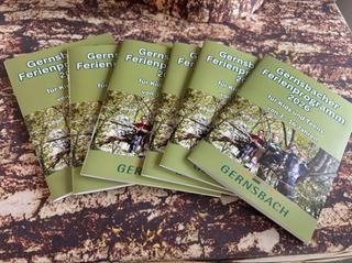 Die neue Broschüre ist da. Broschüren des Ferienprogramms gefächert auf einem Holz.