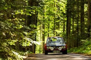 Wald und vorne ein altes Auto auf einer Straße.