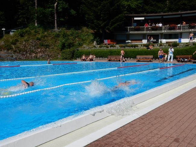 Menschen schwimmen im Freibad Reichental, man sieht die Gischt der Schwimmbewegung