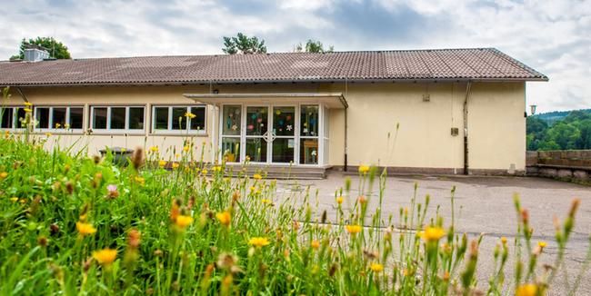 Die Grundschule Staufenberg mit Schulhof, im Vordergrund Blumenwiese