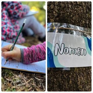 Kinderhand mit Bleistift schreibt auf Papier/Schild "Nomen" am Baum