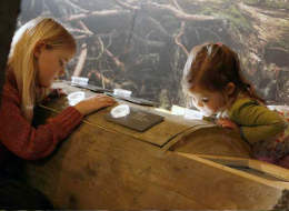 Zwei Mädchen betrachten interessiert durch eine Lupe die Tiere in einem Baumstamm in der Ausstellung des Infozentrums
