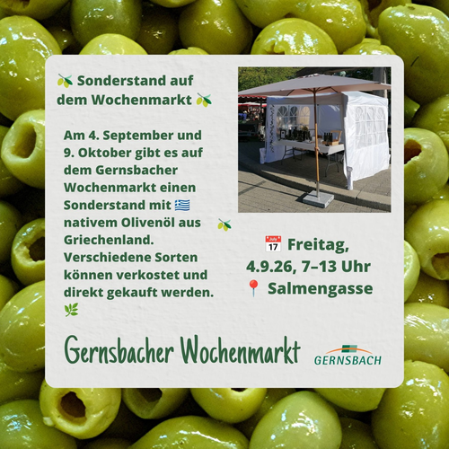Ergänzung des Angebotes auf dem Wochenmarkt. Werbung für den Sonderstand mit Text und Foto mit Oliven
