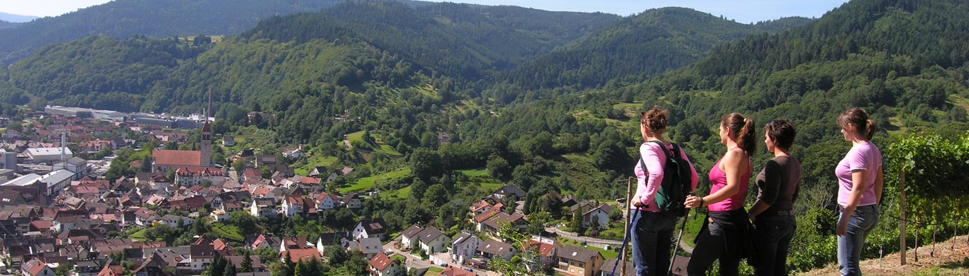 Wanderer im Weinberg genießen den Blick auf den Ortsteil Obertsrot