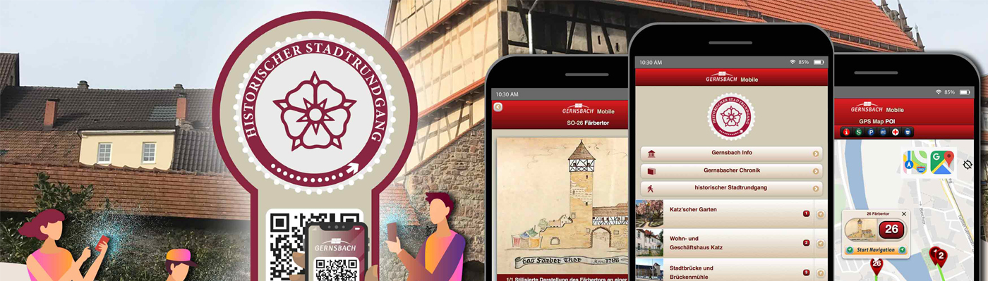 Symbol virtueller Stadtrundgang mit Ebersteiner Rose, QR-Code, Smartphone, im Hintergrund die Zehntscheuer