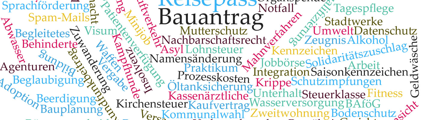 Grafik mit verschiedenen Stichworten wie Bauantrag, Mutterschutz, Agenturen, Kirchensteuer uvm.