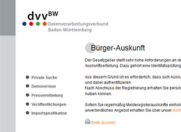 öffnet in neuem Fenster die Internetseite DVV Meldeportal Baden-Württemberg Screenshot Melderegisterauskunft DVV Meldeportal Baden-Württemberg