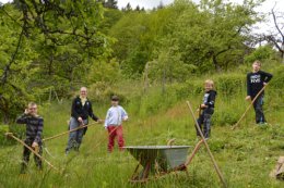 Kinder auf einer Wiese mit Sensen